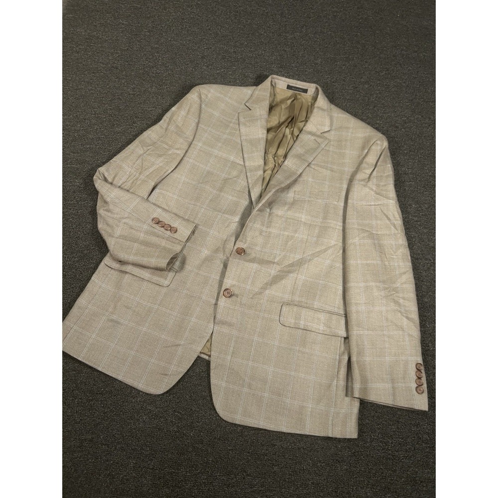 Ralph Lauren Blazer Jacket Men's 46R Beige Windowpane Check Silk Wool Modern